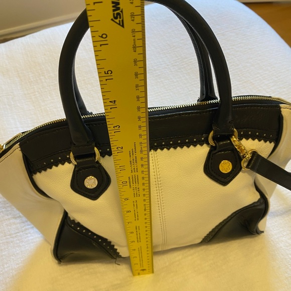 EMMA FOX Navy White Leather Zip Top Shoulder And Elbow Straps Satchel Bag - Picture 6 of 12